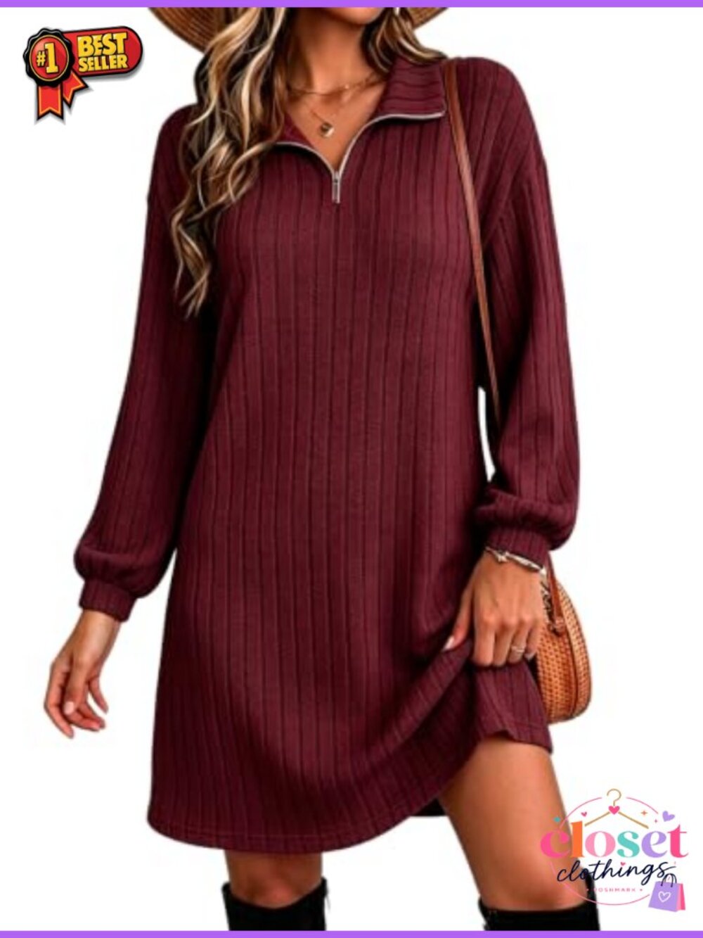 Halife Women's Long Sleeve Tunic Sweater Dress with Zippers Casual Knit
